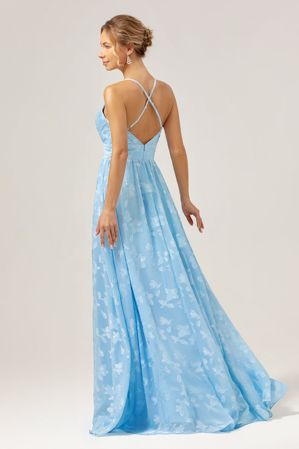 Sparkly V-Neck Pleated Light Blue Long Bridesmaid Dress with Embroidery