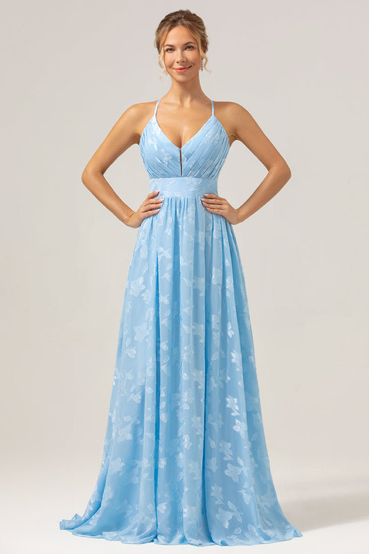 Sparkly V-Neck Pleated Light Blue Long Bridesmaid Dress with Embroidery