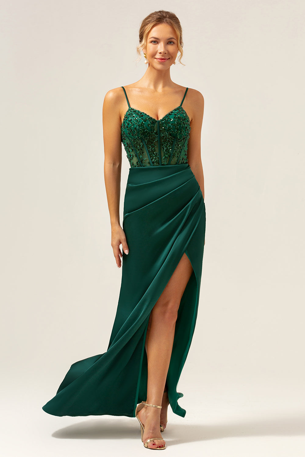 Dark Green Mermaid Spaghetti Straps Corset Satin Long Bridesmaid Dress with Slit