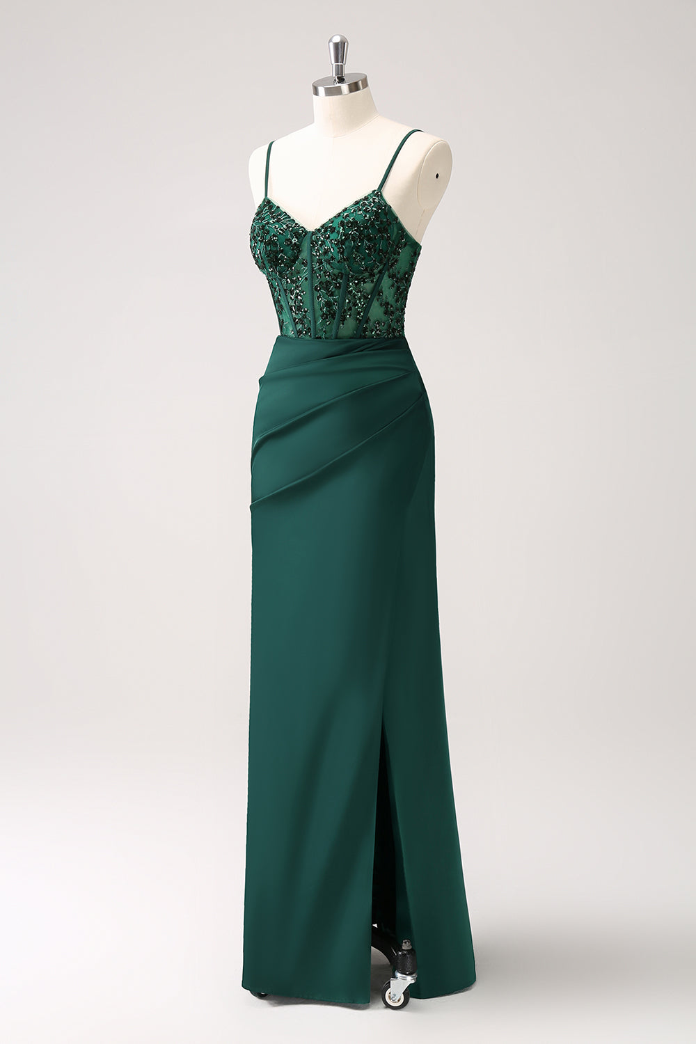 Dark Green Mermaid Spaghetti Straps Satin Long Bridesmaid Dress with Slit