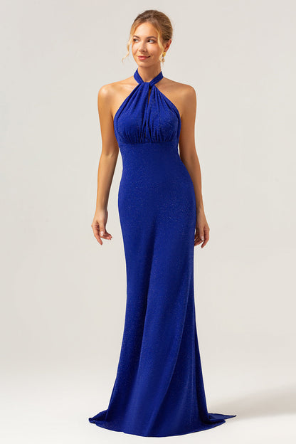 Glitter Blue Mermaid Halter Backless Long Bridesmaid Dress