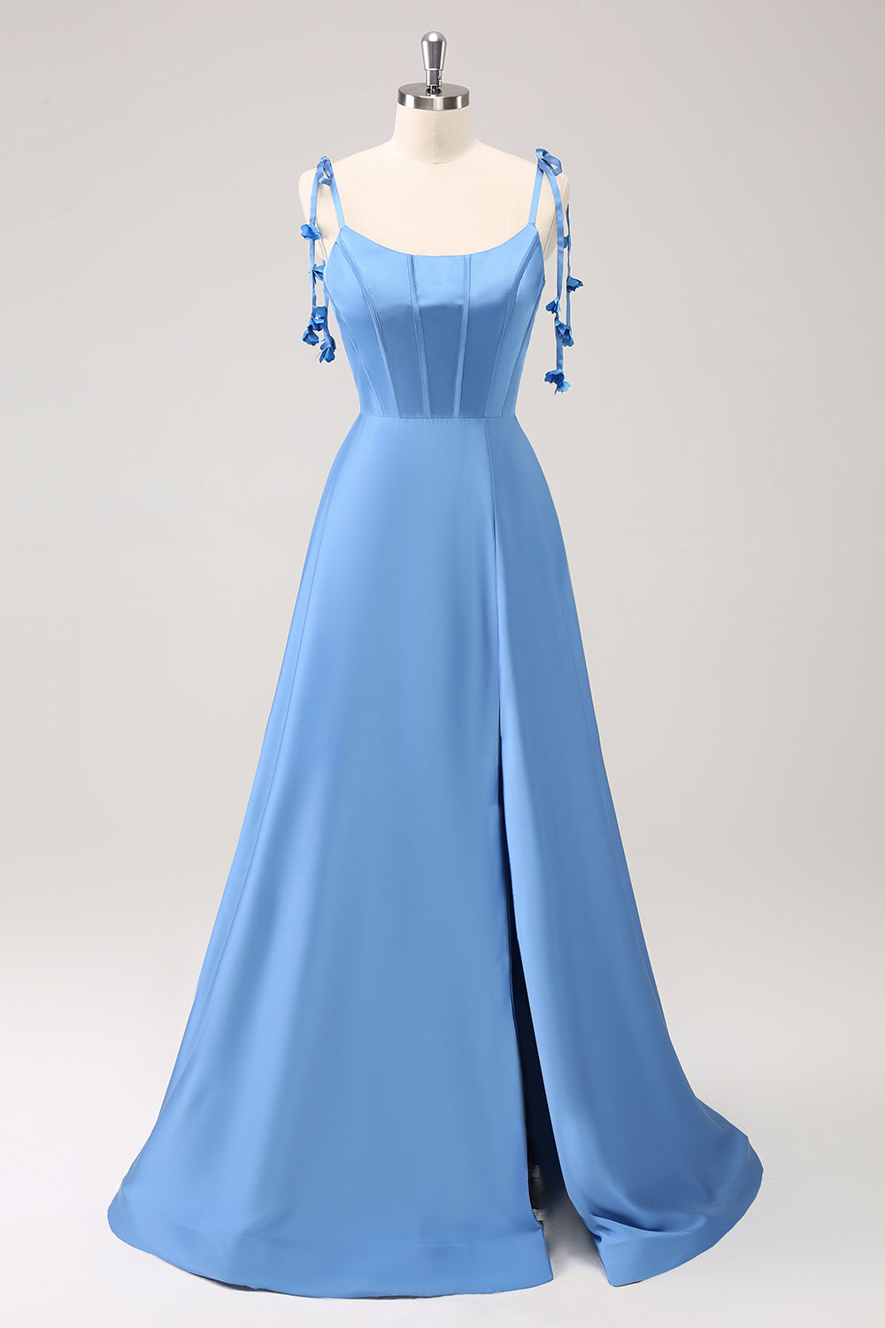 Blue A Line Spaghetti Straps Satin Floor Length Bridesmaid Dress with Slit