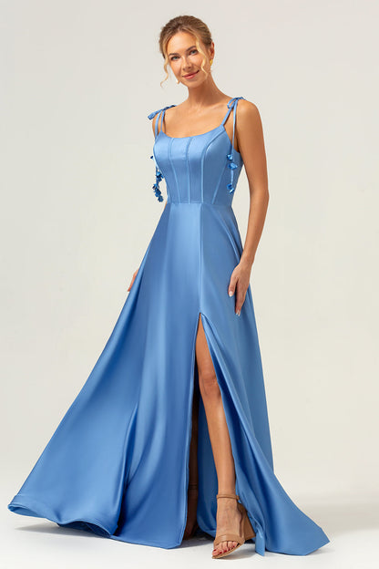 Blue A Line Spaghetti Straps Corset Satin Long Bridesmaid Dress with Slit