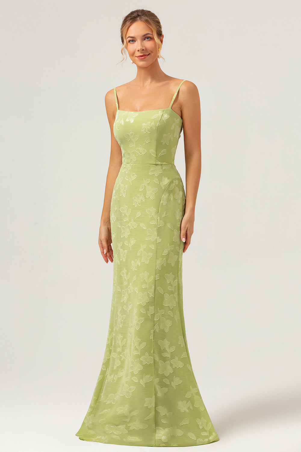 Green Mermaid Spaghetti Straps Embroidered Bridesmaid Dress with Lace Up Back