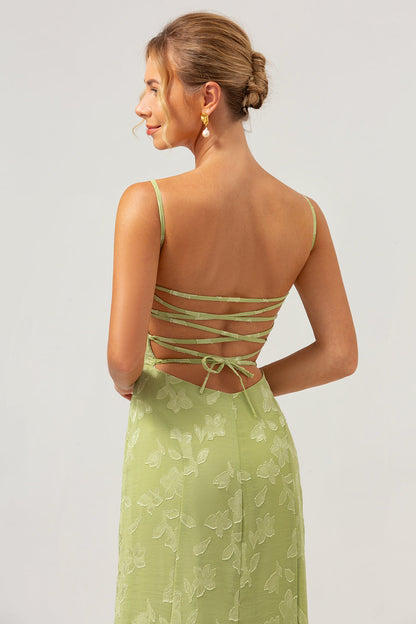 Green Mermaid Spaghetti Straps Embroidered Bridesmaid Dress with Lace Up Back