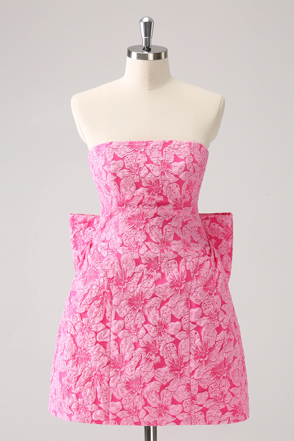 Fuchsia A Line Floral Strapless Short Homecoming Dress With Bow