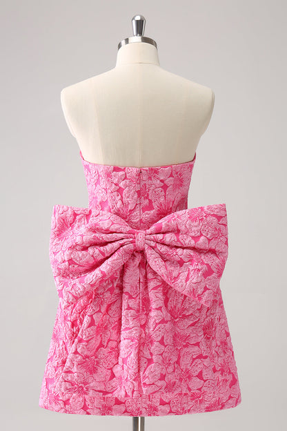 Fuchsia A Line Floral Strapless Short Homecoming Dress With Bow