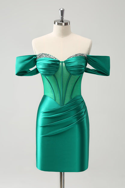 Green Off the Shoulder Satin Tight Homecoming Dress with Beading