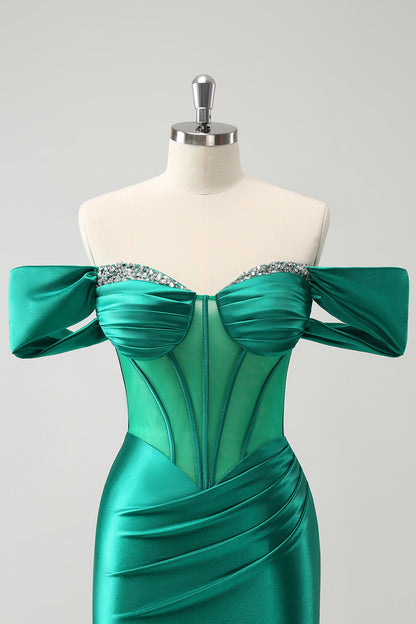 Green Off the Shoulder Satin Tight Homecoming Dress with Beading