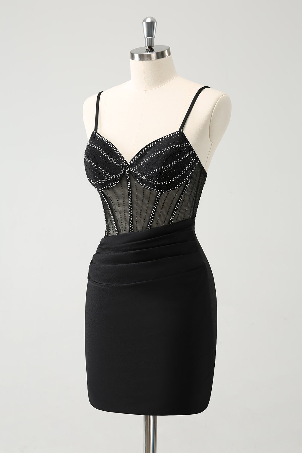 Black Bodycon Spaghetti Straps Corset Short Homecoming Dress with Beading