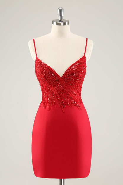 Sparkly Red Bodycon Spaghetti Straps Homecoming Dress with Sequins