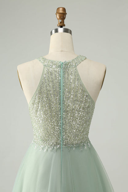 Dusty Green Halter Sequins A Line Homecoming Dress