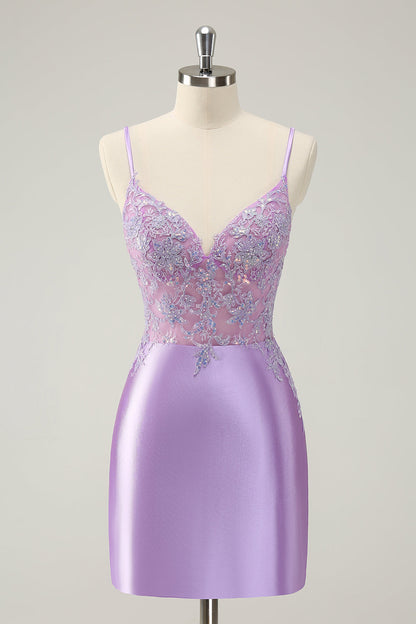 Sparkly Bodycon Lilac Spaghetti Straps Homecoming Dress with Sequins