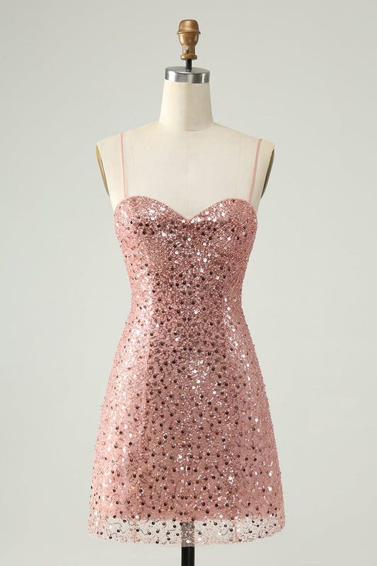 Sparkly Blush Spaghetti Straps Sequins A Line Short Homecoming Dress