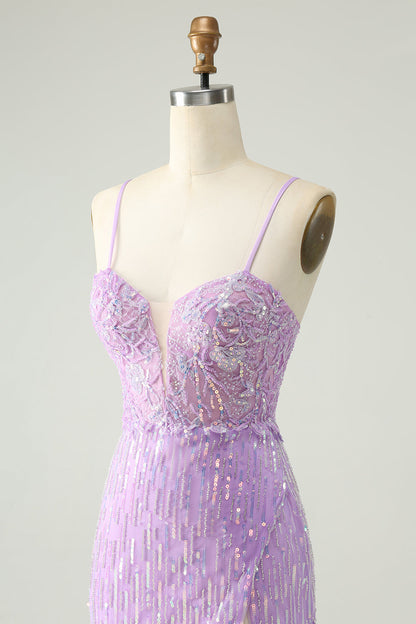 Sparkly Lilac Sequins Bodycon Mini Homecoming Dress with Slit