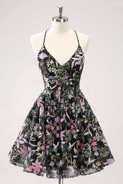 Sparkly Black A Line Floral Short Homecoming Dress with Sequins