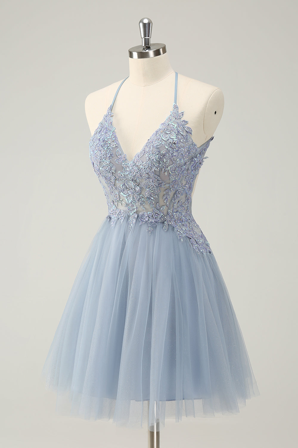 Sparkly Dusty Blue A Line Halter Homecoming Dress with Appliques