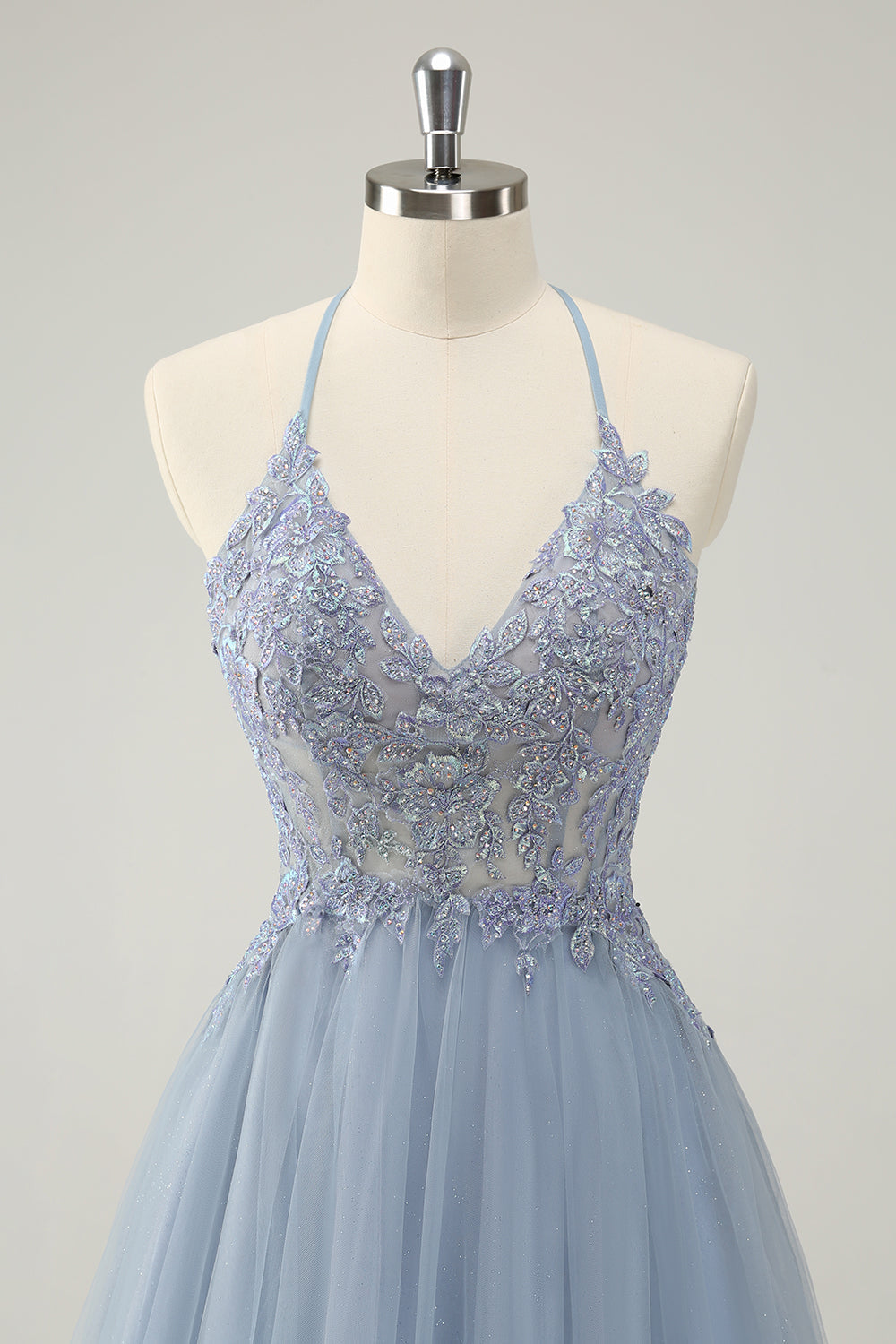 Sparkly Dusty Blue A Line Halter Homecoming Dress with Appliques