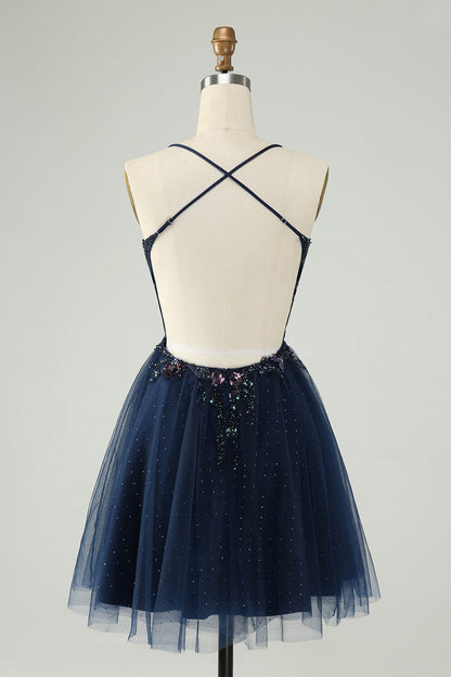 Glitter Navy A-Line Sequined Tulle Homecoming Dress