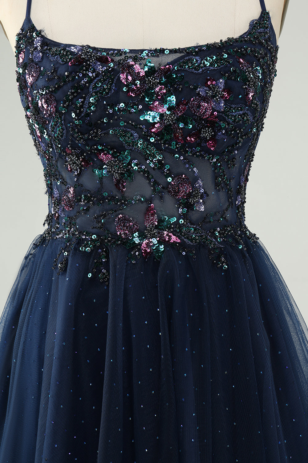 Glitter Navy A-Line Sequined Tulle Homecoming Dress