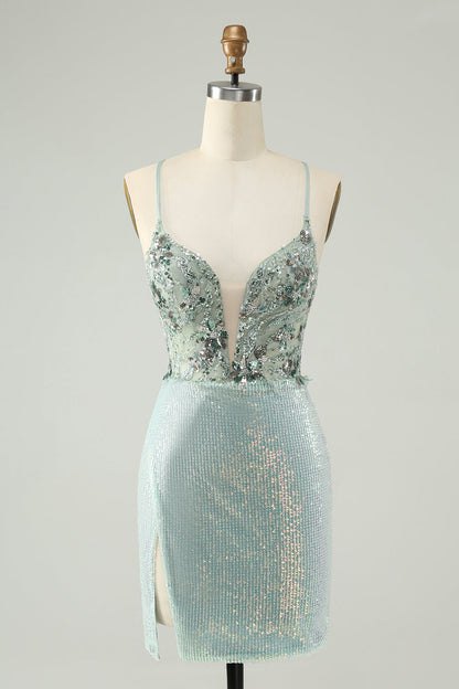 Glitter Dusty Green Tight Sequins V Neck Homecoming Dress