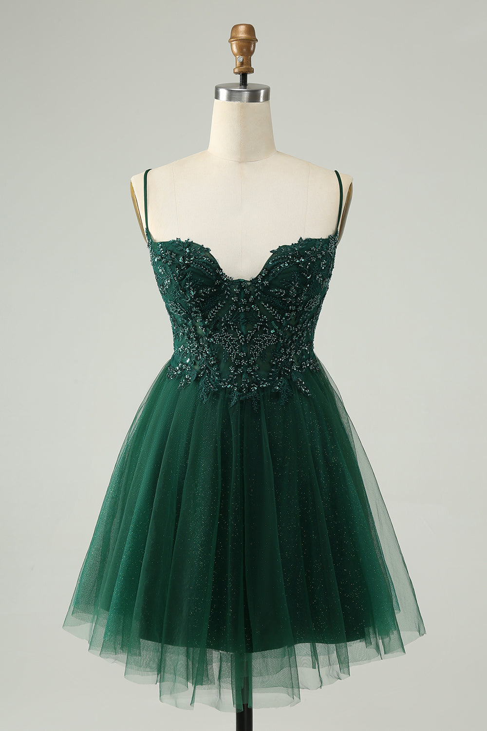 Glitter Dark Green A-Line Beaded Appliques Tulle Homecoming Dress