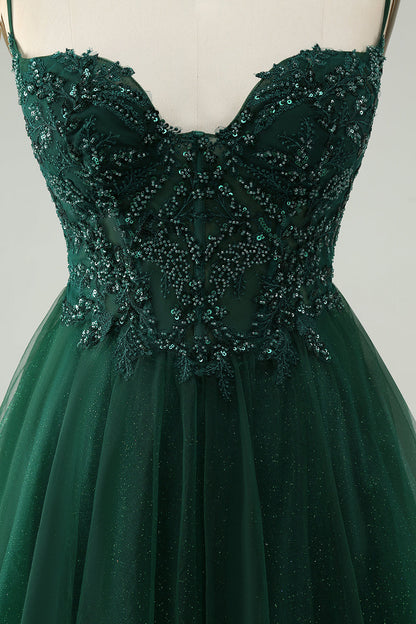 Glitter Dark Green A-Line Beaded Appliques Tulle Homecoming Dress