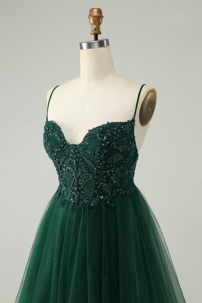 Glitter Dark Green A-Line Beaded Appliques Tulle Homecoming Dress