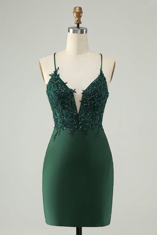 Glitter Dark Green Tight V Neck Beaded Homecoming Dress