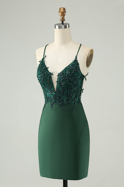 Glitter Dark Green Tight V Neck Beaded Homecoming Dress