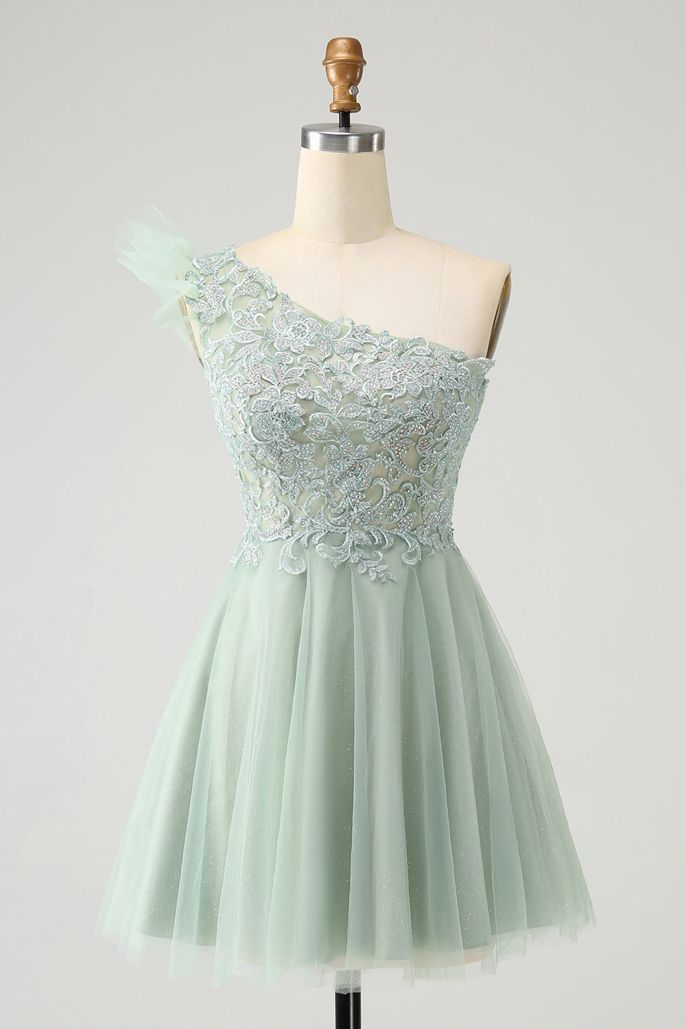 Cute Dusty Sage Green A Line One Shoulder Tulle Homecoming Dress with Appliques