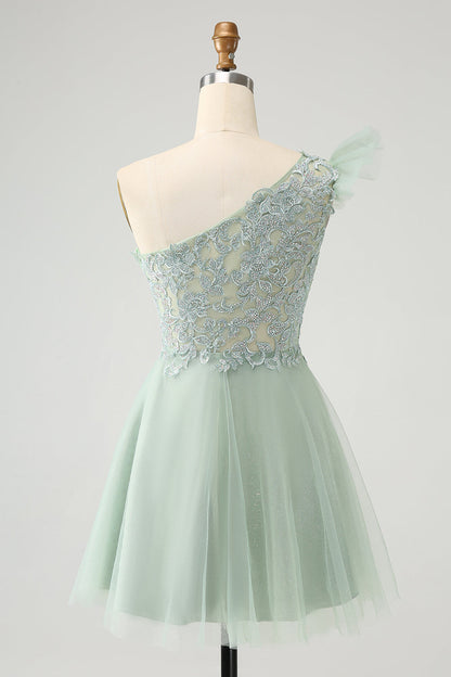 Cute Dusty Sage Green A Line One Shoulder Tulle Homecoming Dress with Appliques