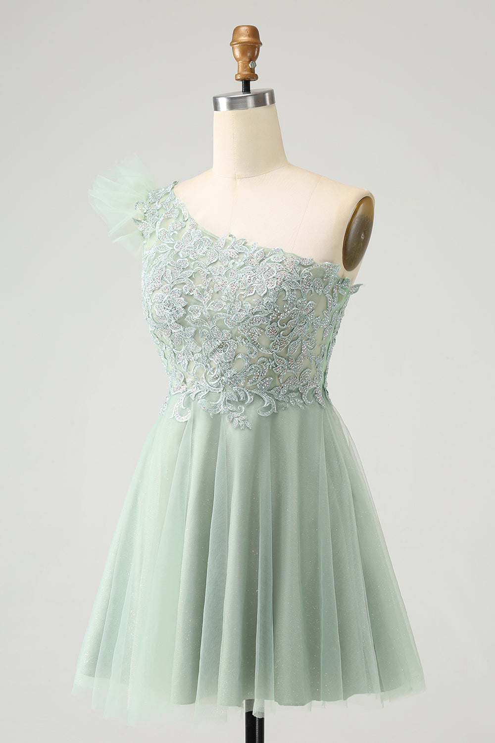 Cute Dusty Sage Green A Line One Shoulder Tulle Homecoming Dress with Appliques