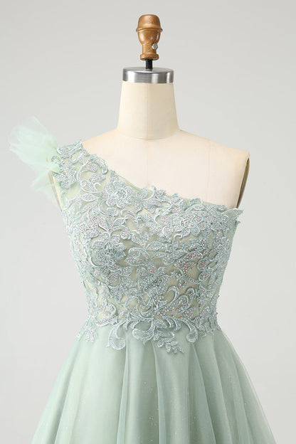 Cute Dusty Sage Green A Line One Shoulder Tulle Homecoming Dress with Appliques