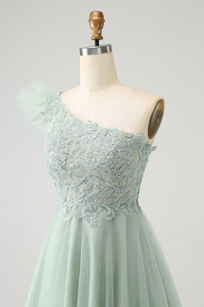 Cute Dusty Sage Green A Line One Shoulder Tulle Homecoming Dress with Appliques