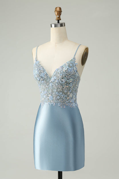 Glitter Dusty Blue Beaded Floral Tight Satin Homecoming Dress