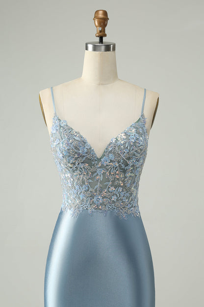 Glitter Dusty Blue Beaded Floral Tight Satin Homecoming Dress