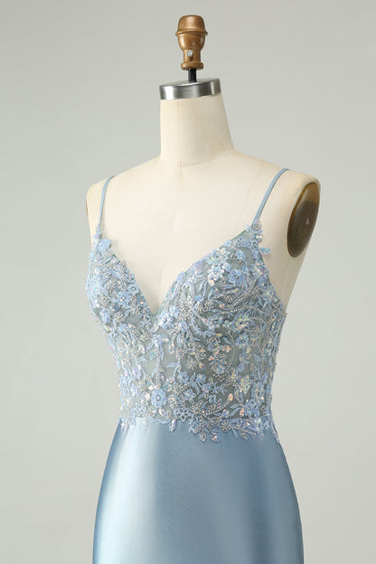 Glitter Dusty Blue Beaded Floral Tight Satin Homecoming Dress