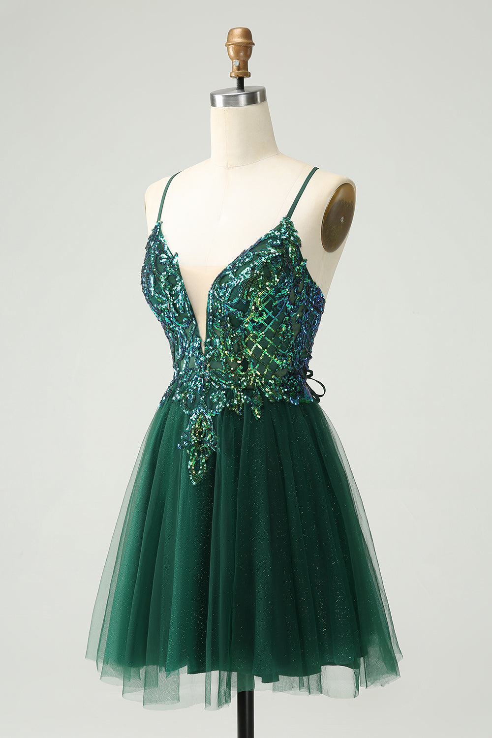 Glitter Dark Green A-Line Sequined Appliques V Neck Homecoming Dress