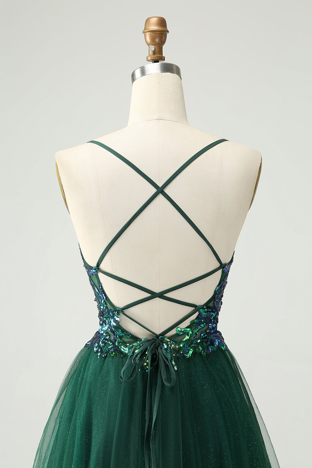 Glitter Dark Green A-Line Sequined Appliques V Neck Homecoming Dress