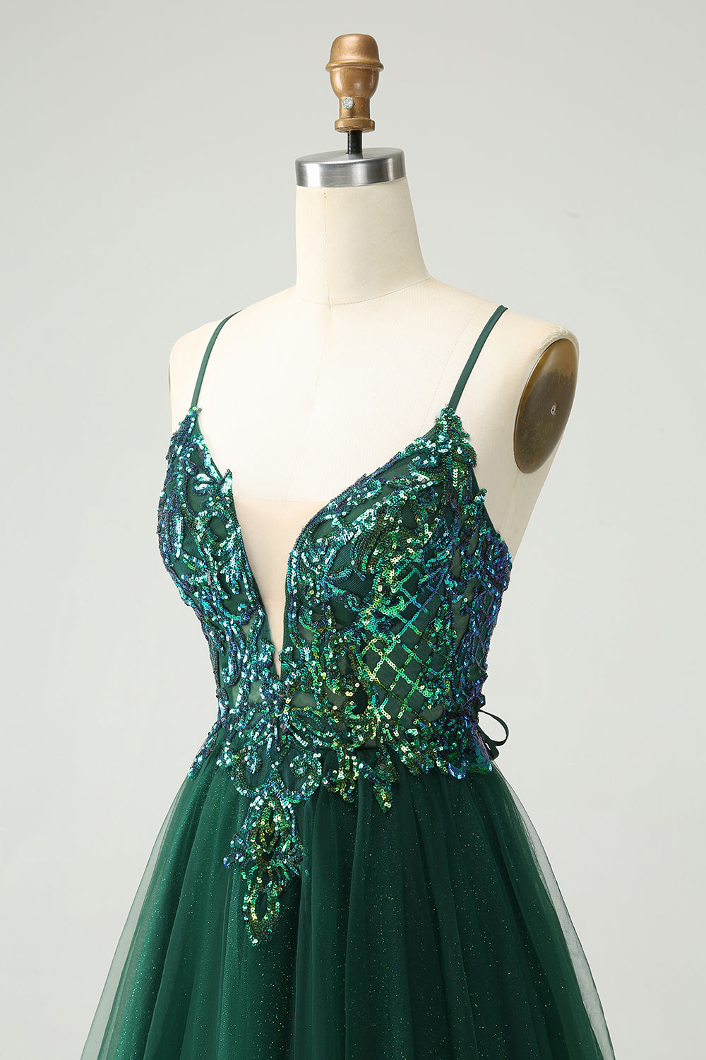 Glitter Dark Green A-Line Sequined Appliques V Neck Homecoming Dress