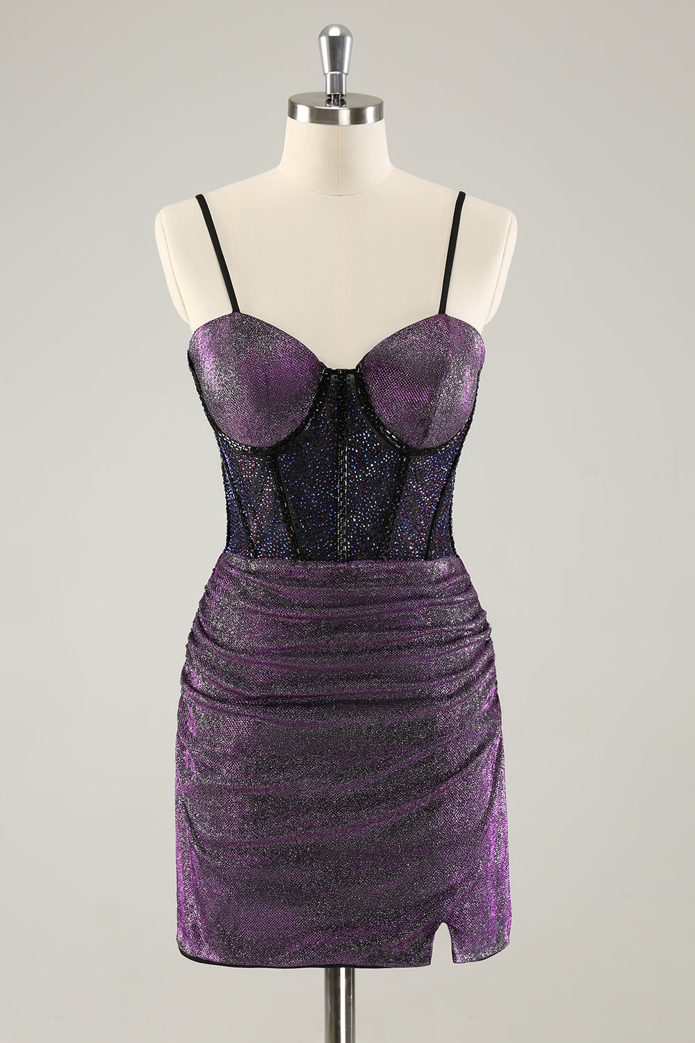 Dark Purple Spaghetti Straps Corset Glitter Short Homecoming Dresses