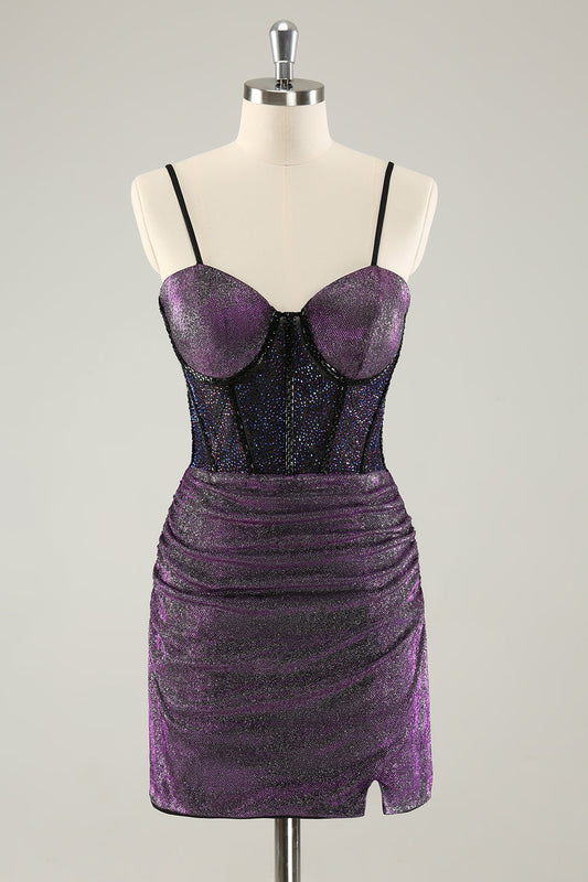 Dark Purple Spaghetti Straps Corset Glitter Short Homecoming Dresses