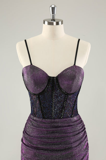 Dark Purple Spaghetti Straps Corset Glitter Short Homecoming Dresses