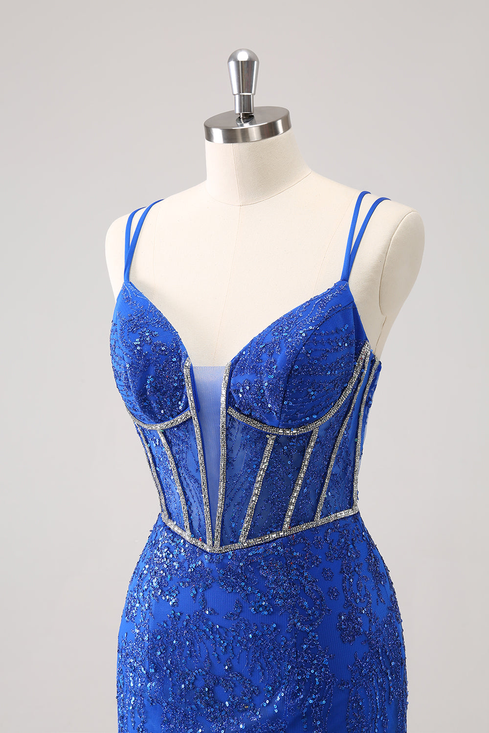 Sparkly Royal Blue Spaghetti Straps Corset Tight Homecoming Dress with Sequins