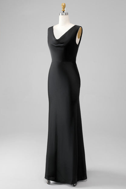 Black Mermaid Cowl Neck Satin Long Bridesmaid Dress