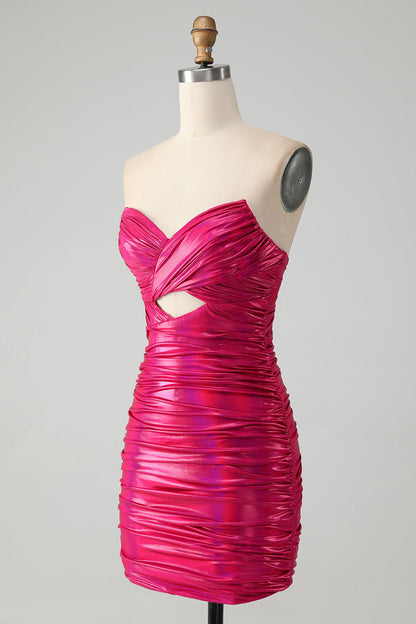 Chic Fuchsia Strapless Keyhole Pleated Tight Homecoming Dress