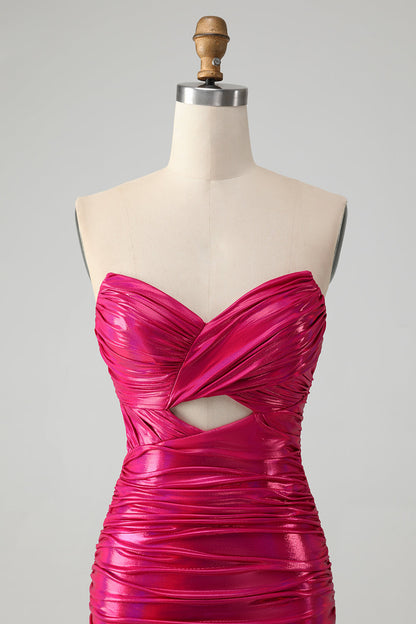 Chic Fuchsia Strapless Keyhole Pleated Tight Homecoming Dress