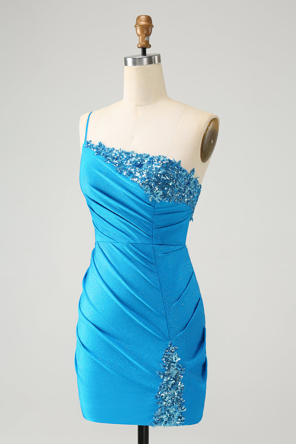 Blue Bodycon One Shoulder Ruched Satin Homecoming Dress with Sequins