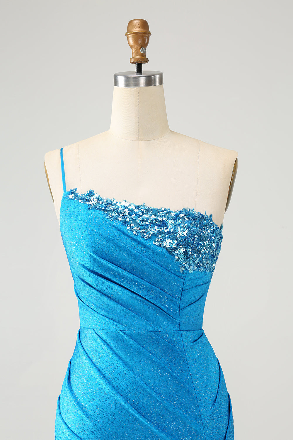 Blue Bodycon One Shoulder Ruched Satin Homecoming Dress with Sequins